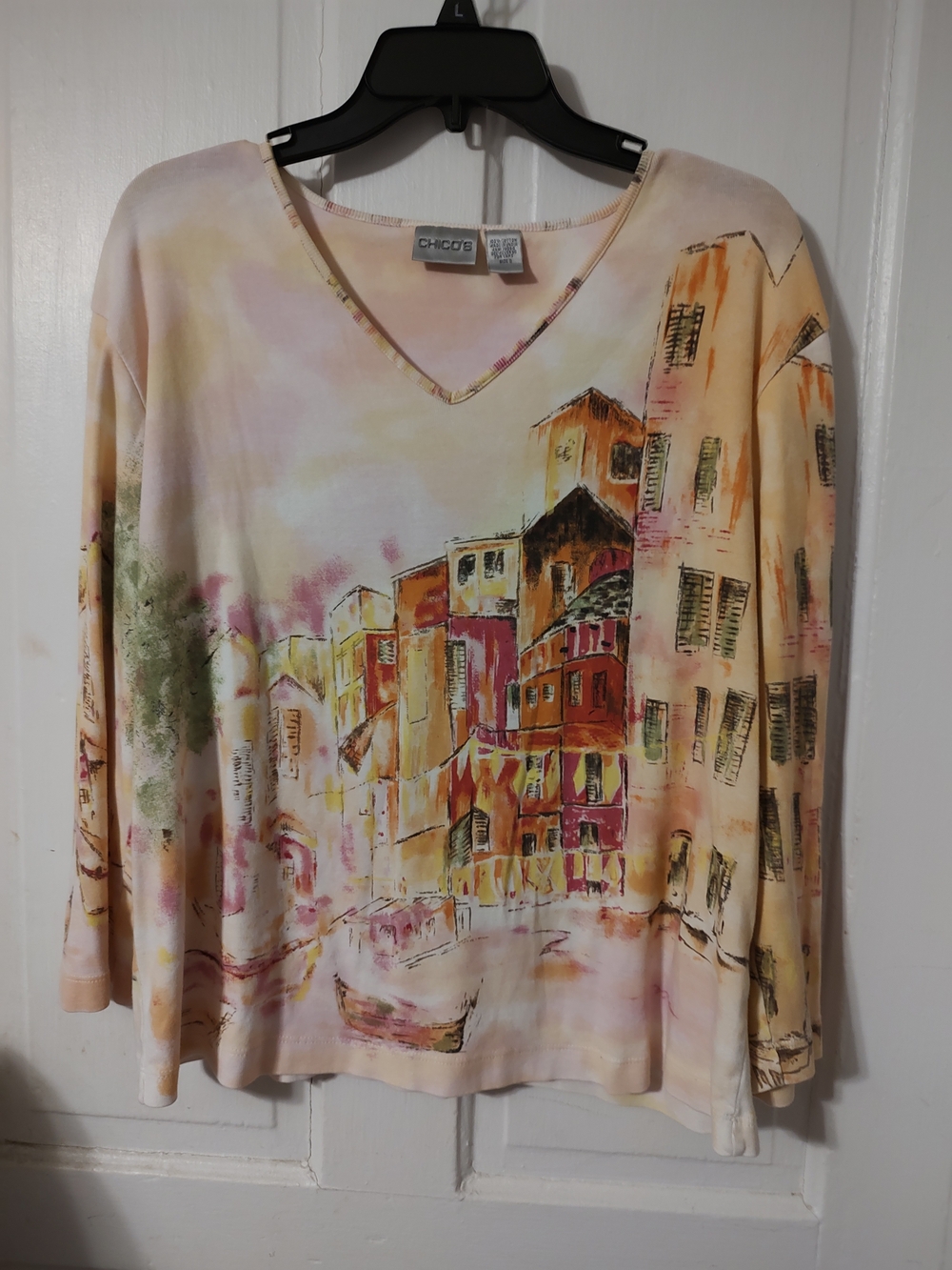 Chico's Women's Pastel City-Print V-Neck Long Sleeve Top - Multi